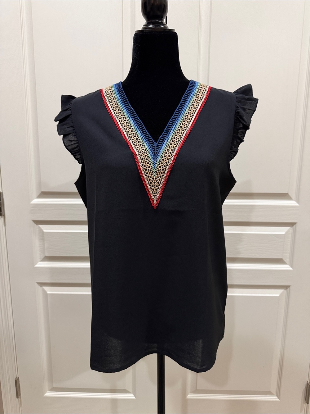 SHEIN Black V-Neck Sleeveless Top with Red, Blue & Gold Trim